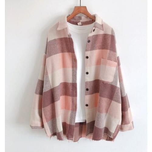 New Winter Shirt Cardigan With Thick Warm Cloth Han Fan Grid Loose Big Yards Bf Wind Long-Sleeved Jacket Female