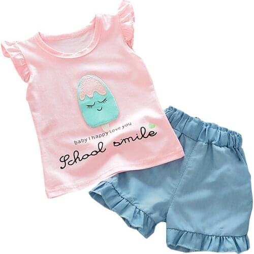 New Summer Casual Kids Baby Girls Sets Flare Sleeve Cotton Tops T-shirt Shorts 2Pcs Cartoon Girl Outfits 0-4Y