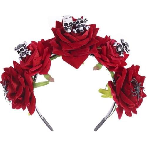 Halloween Day of the Dead Headband Velvet Rose Flower Skull Spider Hair Hoop F3MF