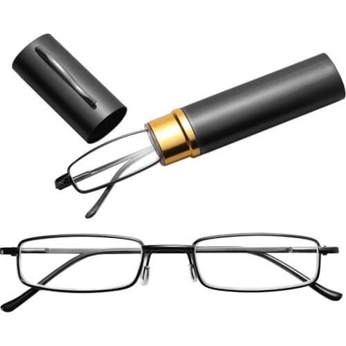 1PC Unisex Stainless Steel Resin Reading Glasses With Tube Case Women Men Portable Mini Business Eyeglasses +1.00-+4.00