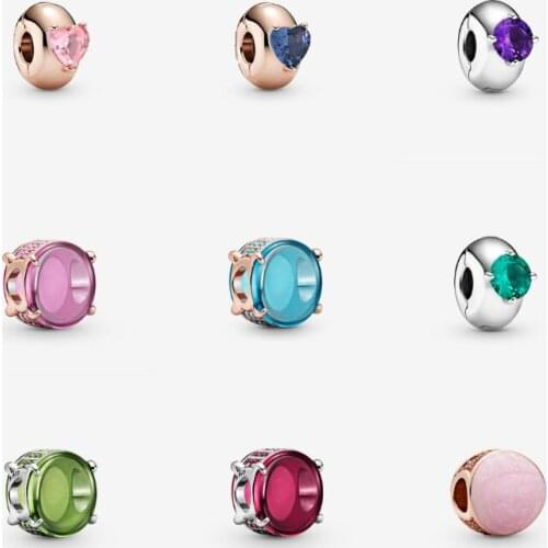 2021 100% 925 Sterling Silver Beads Fuchsia Rose Green Purple Round Blue Pink Swirl Heart Solitaire Oval Cabochon Clip Charm