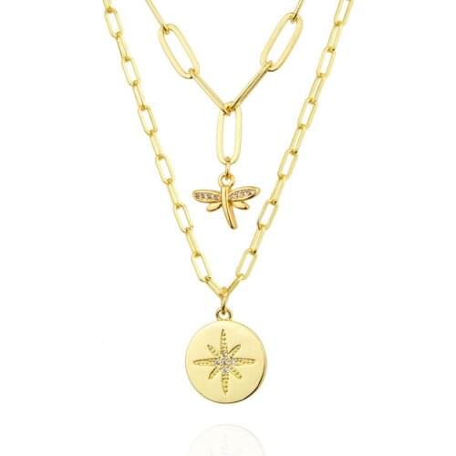 Romantic Zircon Crescent Dragonfly Pendant Necklace Gold Color Double Layered Chain Necklace Party Statement Neck Jewelry Gift