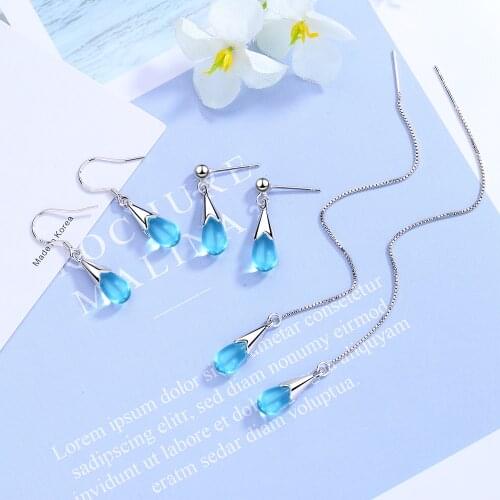 925 Sterling Silver Simple Water Drop Shaped Blue Crystal Long Tassel Earrings Ear Line Dangle Earrings S-E665