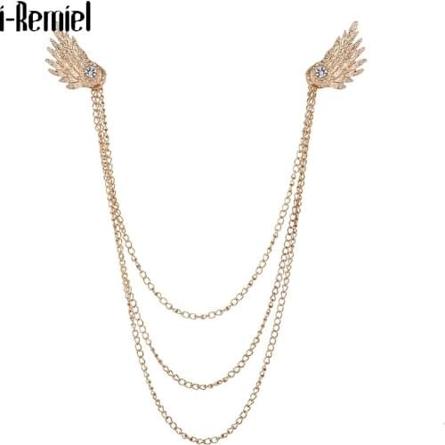 Vintage Fixed Wings Brooch Jewelry Luxury Tassel Chain Female Neckline Dress Shirt Collar Pin Decoration Men Women Accessories