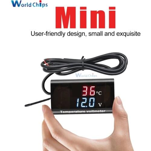 IPX6 Waterproof Voltmeter Temperature Meter LED Digital Display DC 8-18V with 1m Wire For Car/Motorcycle/Automobile Battery Test