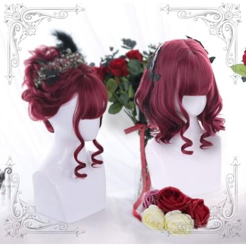 High Quality Lolita Starry Sky Red Air Bangs Female Loveliness Short Curly Hair Wig Cosplay Party