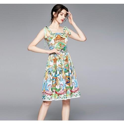 2021 New Women Dresses Office Lady A-LINE Printing Mid-Calf Women Summer Dresses Spaghetti Strap Party Elegant Vintage Dresses