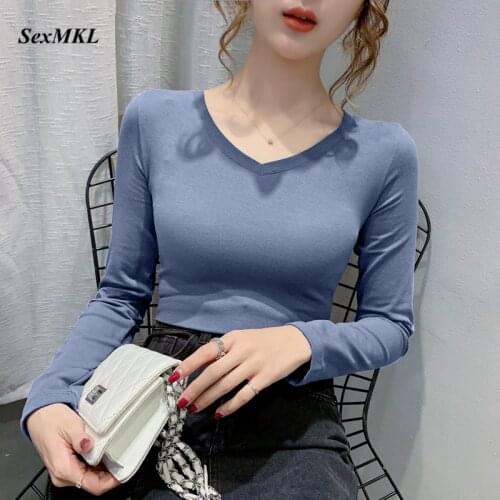 Women V Neck Winter Basic Cotton T-shirts 2020 Fashion Casual Long Sleeve White Sexy Ladies Tops Korean Clothes Black T Shirts
