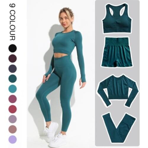 2/3/4 Piece Seamless Women Yoga Set Long Sleeve Crop Top +High Waist Leggings Workout Sportswear Gym Clothes Fitness Sports Suit