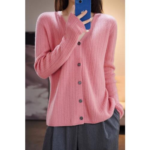 2021 Spring and Autumn New Style 100% Pure Wool Womens O-Neck Korean Loose Warm Knitted Cashmere Cardigan Free Shipping