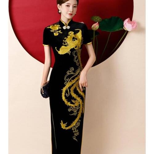 Exquisite Embroidery Women Qipao Slim Long Cheongsam Sexy High Split Chinese Dress Velour Party Dress Elegant Daily Vestidos 5XL
