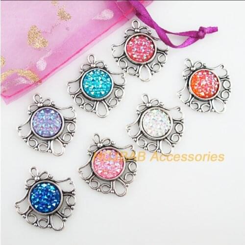 7 New Heart Charms Tibetan Silver Tone Retro Mixed Round Resin Connectors 26x29mm