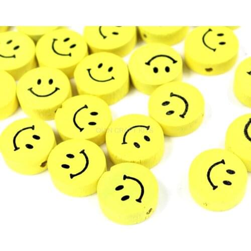 300pcs yellow color smiley face beads 17mm, wooden Yellow Smiling Wood Beads with holes for stringing