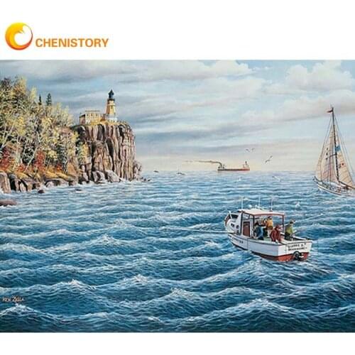 CHENISTORY 60x75cm Frame Painting By Numbers Kits For Adults Cruise Sail On Ocean Landscape Paint Color Canvas Home Decor Photo