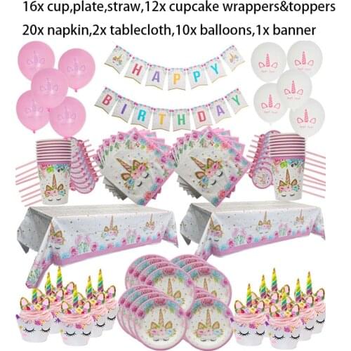 93pcs Unicorn Party Supplies Kids 1st Birthday Unicorn Tablecloth Paper Cups Napkin Banner Cake Topper Baby Shower Decorations