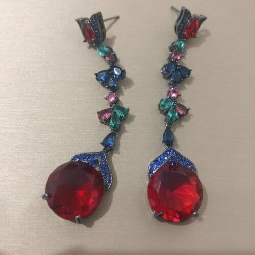 Bilincolor Cubic Zirconia Red Long Drop Earrings