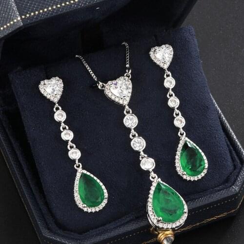 Funmode Green Waterdrop Pendant Earring Necklace Sets Women Party Dress Accessories Jewelry Sets Wholesale Feminina Gift FS24