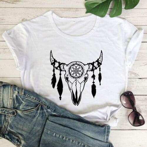 Boho Skull Cow T-shirt Fashion Women Graphic Bohemian Tee Shirt Top High Quality Summer Short Sleeve Hipster Grunge Tshirt Femme