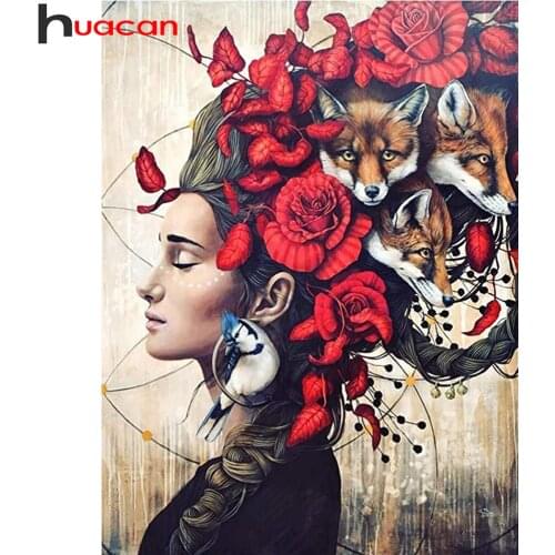 Huacan Diamond Art Painting Embroidery Woman Rose Fox DIY Decor Diamond Embroidery Portrait Flower Animal Wall Sticker