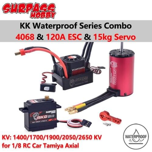 Surpass Hobby Waterproof ESC Brushless Motor Combo 4068 1400/1900/2650KV with 120A ESC 15kg Servo for 1/8 RC Car Tamiya Axial