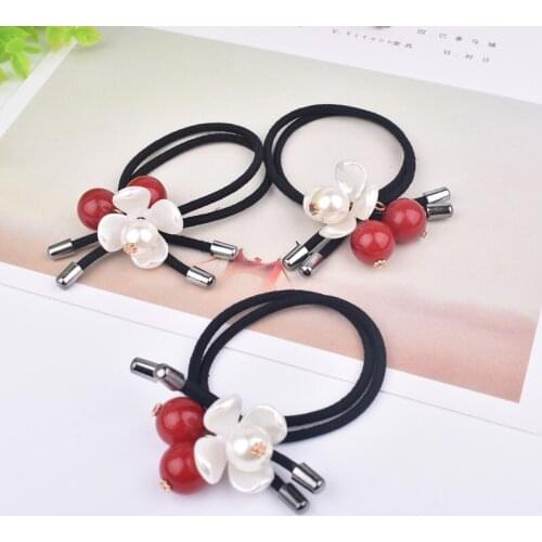 Red White Pearl Flower Headband Beads Headbands Ponytail Holder Girls Scrunchies Vintage Elastic Hair Bands Rubber Rope Headdres