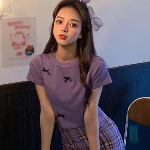 Bowknot Short-sleeved Summer Round Neck Pullover Slim-fit Short T-shirt 2020