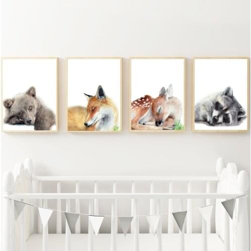 Cute Bear Fox Deer Raccoon Nursery Wall Art Canvas Painting Nordic Posters And Prints Wall Pictures Baby Kids Room Bedroom Decor