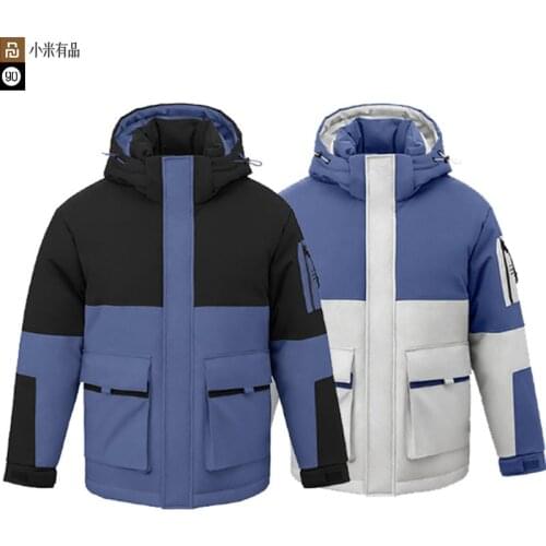 Fashion Youpin 90 points Men Colorblock White Duck Down Jacket with Hat Waterproof Windproof Multi Pockets Coat Winter