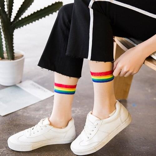 Fashion Transparent Rainbow Stripe Socks Women Summer Thin Socks