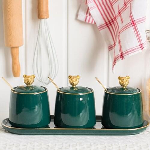 Nordic ceramic spice jar set kitchen household seasoning bottle box with lid salt and pepper shakers condiment dispenser