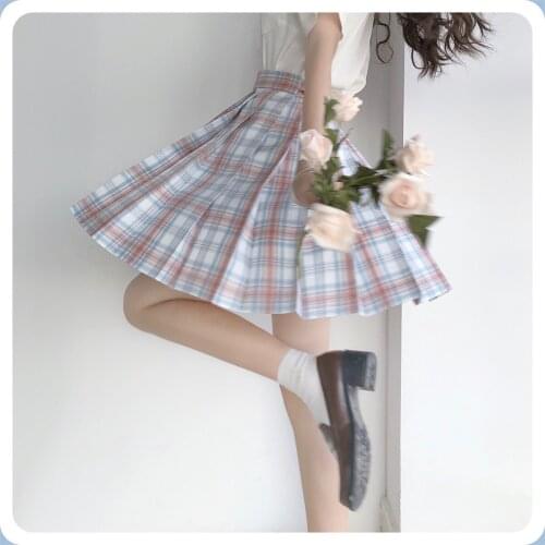 Original Design Blue x Brown Plaid Checks Pleated Skirt Good Quality Sharp Pleats Preppy Style & Necktie/Neckbow