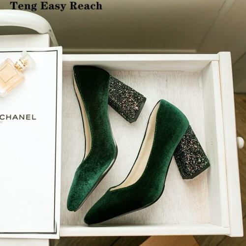 Autumn Big Size Women Pumps Velvet High Heels Ladies Shoes Elegant Pointed Toe Wedding Female Shallow Shoes Green 35-45