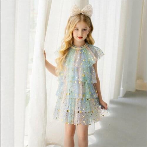 Girls Dress For Party And Wedding Sequins Princess Kids Dresses For Girl Summer Rainbow Lace Layered Cake Children Dress Vestido