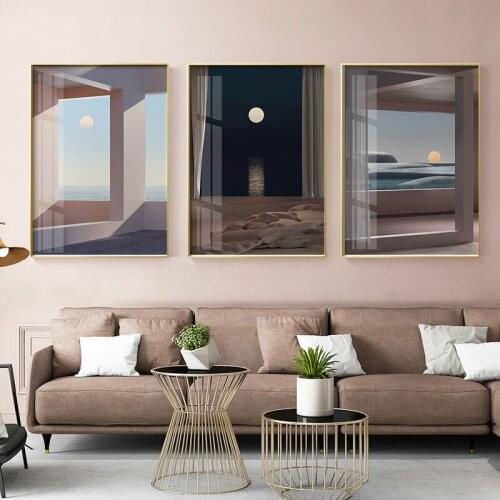 Poster The Moon Rises Landscape Window Canvas Painting Wall Art Home Decoration for Living Room and Bedroom Frameless Style