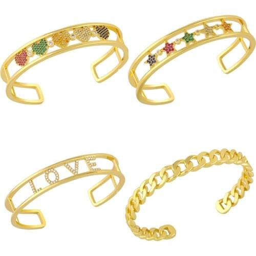 Rainbow Women Bracelet Bangle Geometric Heart Star Cubic Zirconia Love Open Cuff Adjust Size Copper Jewelry Punk Hip Hop Luxury