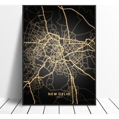 Frame Mumbai New Delhi India Black and gold Canvas Wall Art painting Map Poster for living room home decor