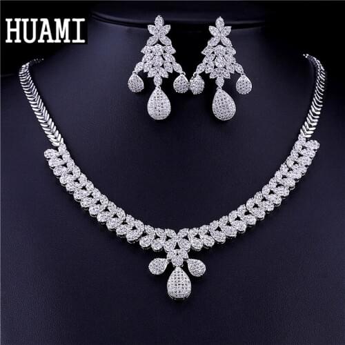 HUAMI Exaggeration Christmas Tree Drop Earrings and Necklace Sets Fine Jewelry for Women 2020 Fashion Cubic Zirconia Wedding