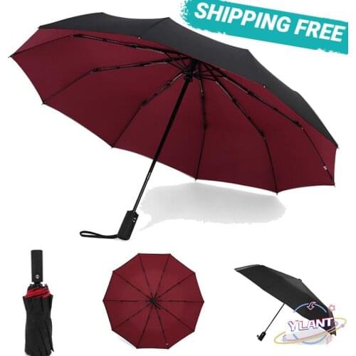 SWT Female Male Ten Bone Three Folding Umbrella Large Rain Business Parasol Double Layer Windproof Womens Automatic Umbrella