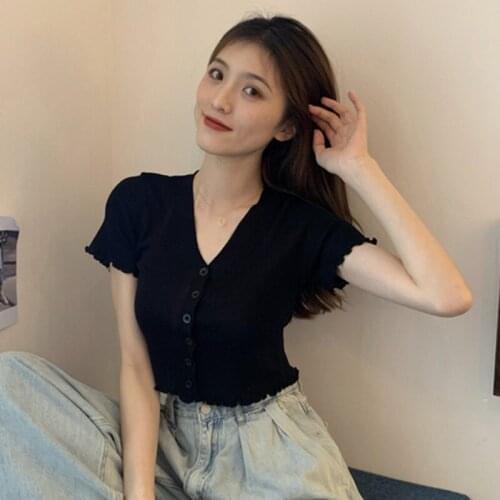 Knit Crop Tops Summer Wild Solid Short-sleeved T-shirt Fashion Sexy Slim V-neck Button T Shirt Sweater For Women