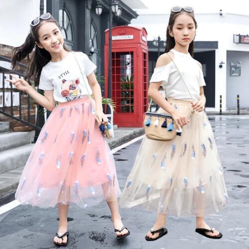 Teenagers Girls School Summer Long Embroidery Tulle Tutu Skirt Skirts For Teens Kids Children Mesh Pleated Ball Gown Skirts New