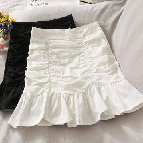 Women High Waist Elegant Ruffles Patchwork Mini Pleated Skirt Solid Slim Bodycon A-line Skirts 2021 Summer