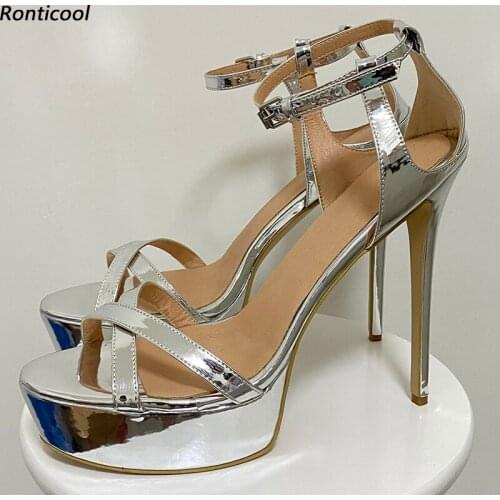 Ronticool 2021 Handmade Women Platform Sandals Unisex Sexy Stiletto Heels Open Toe Silver Boutique Shoes US Size 5-20
