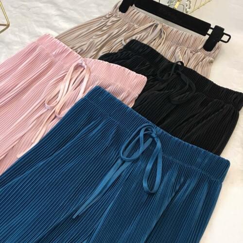 2018 Summer Autumn Casual Thin Chiffon Wide Leg Pants Women Elastic Waist Pleated Trousers Sweet Bow Beach Female Leggings Mw296