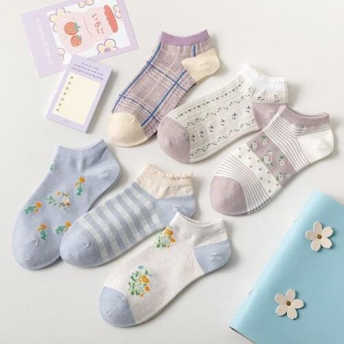 2021 Summer New Socks Women Japanese Kawaii Harajuku Cute Socks Grid Joker Flower Woman Socks Fresh Sweet