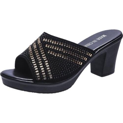 Womens Open Round Toe Slippers Sequins Decor Faddish Comfy Chic High Thick Heel Slippers