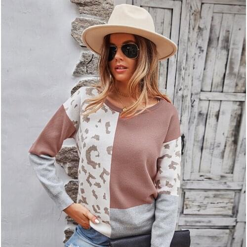 2021 Fashion Patchwork Leopard Women Sweater Autumn Winter Lady O-Neck Long Sleeve Top Casual Jumper Knitted Oversize Pullovers