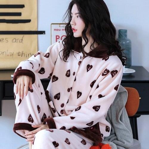 H5809 Women Pajamas Suit Middle-aged Mother Thick Coral Flannel Long Sleeve Sleepwear Autumn Winter Plus Velvet Print Nightwear