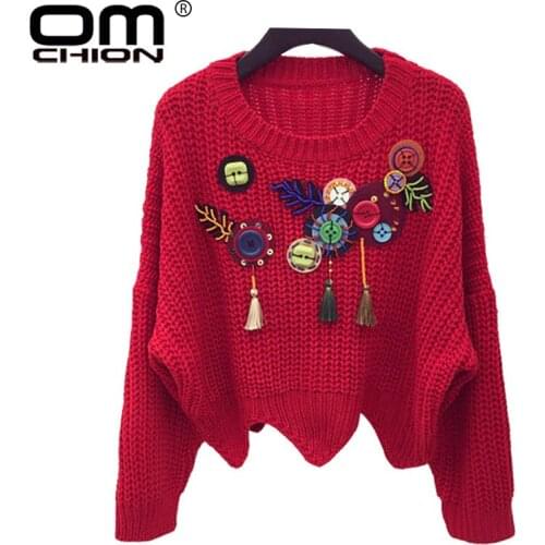 OMCHION Autumn 2017 Batwing Sleeve Sweater Women Tassel Button Beading Sequins Pullover Christmas Sweater Wave Knitwear JMY60