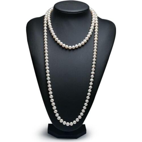 Sinya Classical pearls strands long necklace 7-8mm round pearls beads sweater chain for women Mom girls suit four seasons wear