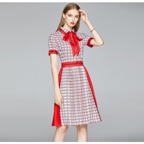2020 New Dresses Print Office Lady Bow Mid-Calf Short A-Line Womens Dresses Empire Stand Party Night Elegant Summer Dresses